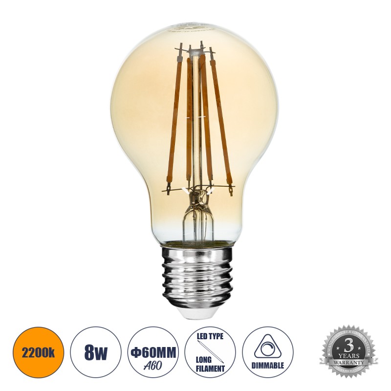 GLOBOSTAR® GLOBE 99037 Λάμπα E27 A60 LED 8W 720lm 360° AC 220-240V IP20 Ultra Θερμό Λευκό 2200K Dimmable - Long Filament Chip - Μελί - Μ6 x Π6 x Υ10.5cm - 3 Χρόνια Εγγύηση GLOBOSTAR® GLOBE 99037 Λάμπα E27 A60 LED 8W 720lm 360° AC 220-240V IP20 Ultra Θερμό Λευκό 2200K Dimmable - Long Filament Chip - Μελί - Μ6 x Π6 x Υ10.5cm - 3 Χρόνια Εγγύηση