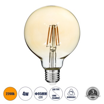 GLOBOSTAR® BUBBLE 99039 Λάμπα E27 G95 LED 4W 350lm 360° AC 220-240V IP20 Ultra Θερμό Λευκό 2200K Dimmable - Long Filament Chip - Μελί - Μ9.5 x Π9.5 x Υ13.7cm - 3 Χρόνια Εγγύηση GLOBOSTAR® BUBBLE 99039 Λάμπα E27 G95 LED 4W 350lm 360° AC 220-240V IP20 Ultra Θερμό Λευκό 2200K Dimmable - Long Filament Chip - Μελί - Μ9.5 x Π9.5 x Υ13.7cm - 3 Χρόνια Εγγύηση