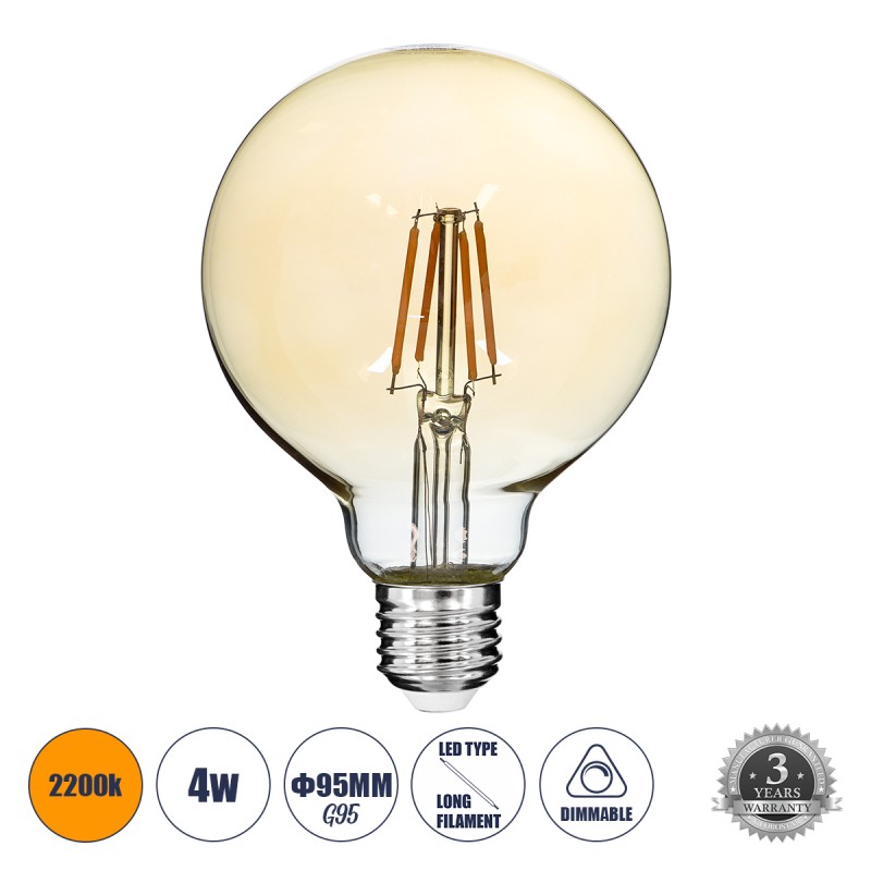 GLOBOSTAR® BUBBLE 99039 Λάμπα E27 G95 LED 4W 350lm 360° AC 220-240V IP20 Ultra Θερμό Λευκό 2200K Dimmable - Long Filament Chip - Μελί - Μ9.5 x Π9.5 x Υ13.7cm - 3 Χρόνια Εγγύηση GLOBOSTAR® BUBBLE 99039 Λάμπα E27 G95 LED 4W 350lm 360° AC 220-240V IP20 Ultra Θερμό Λευκό 2200K Dimmable - Long Filament Chip - Μελί - Μ9.5 x Π9.5 x Υ13.7cm - 3 Χρόνια Εγγύηση