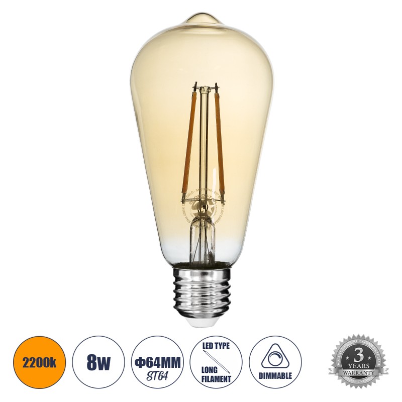 GLOBOSTAR® PEAR 99046 Λάμπα E27 ST64 LED 8W 720lm 360° AC 220-240V IP20 Ultra Θερμό Λευκό 2200K Dimmable - Long Filament Chip - Μελί - Μ6.4 x Π6.4 x Υ14cm - 3 Χρόνια Εγγύηση GLOBOSTAR® PEAR 99046 Λάμπα E27 ST64 LED 8W 720lm 360° AC 220-240V IP20 Ultra Θερμό Λευκό 2200K Dimmable - Long Filament Chip - Μελί - Μ6.4 x Π6.4 x Υ14cm - 3 Χρόνια Εγγύηση