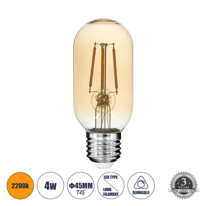 GLOBOSTAR® TUBIS 99048 Λάμπα Σωλήνας E27 T45 LED 4W 350lm 360° AC 220-240V IP20 Ultra Θερμό Λευκό 2200K Dimmable - Long Filament Chip - Μελί - Μ4.5 x Π4.5 x Υ11cm - 3 Χρόνια Εγγύηση GLOBOSTAR® TUBIS 99048 Λάμπα Σωλήνας E27 T45 LED 4W 350lm 360° AC 220-240V IP20 Ultra Θερμό Λευκό 2200K Dimmable - Long Filament Chip - Μελί - Μ4.5 x Π4.5 x Υ11cm - 3 Χρόνια Εγγύηση
