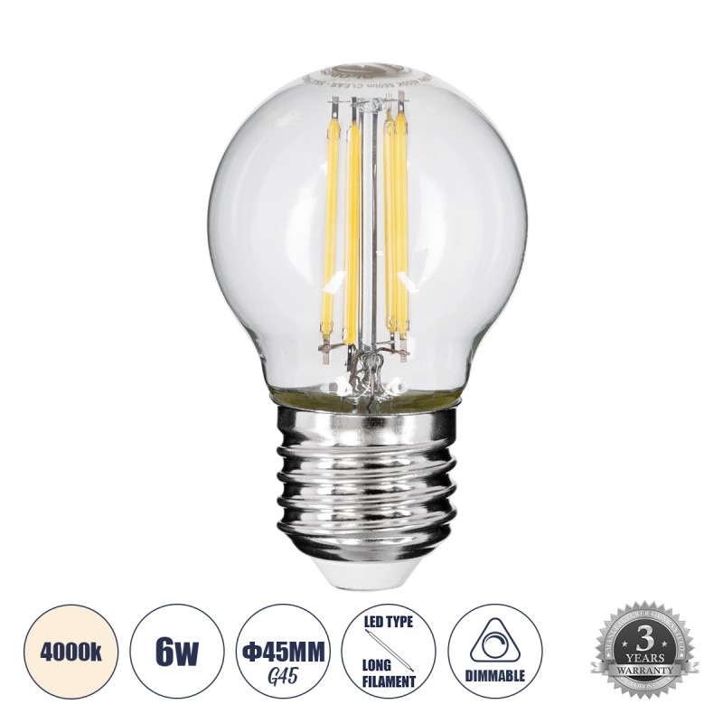 GLOBOSTAR® SPHERE 99052 Λάμπα E27 G45 LED 6W 660lm 360° AC 220-240V IP20 Φυσικό Λευκό 4500K Dimmable - Long Filament Chip -Διάφανο - Μ4.5 x Π4.5 x Υ7.5cm - 3 Χρόνια Εγγύηση GLOBOSTAR® SPHERE 99052 Λάμπα E27 G45 LED 6W 660lm 360° AC 220-240V IP20 Φυσικό Λευκό 4500K Dimmable - Long Filament Chip -Διάφανο - Μ4.5 x Π4.5 x Υ7.5cm - 3 Χρόνια Εγγύηση