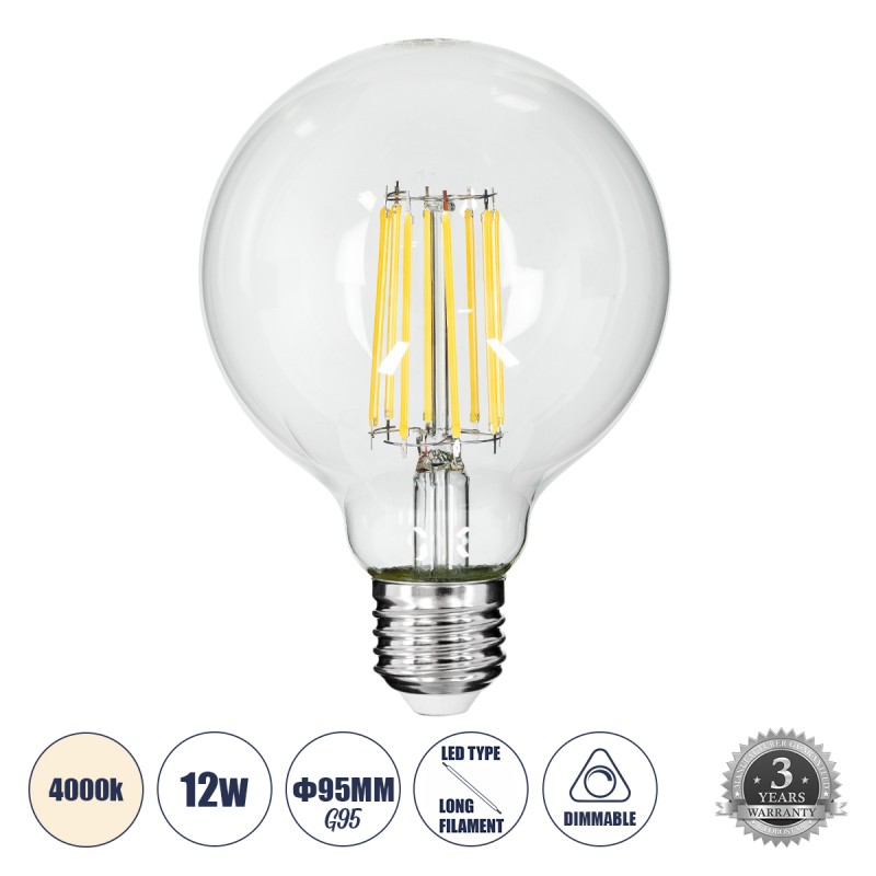 GLOBOSTAR® BUBBLE 99054 Λάμπα E27 G95 LED 12W 1320lm 360° AC 220-240V IP20 Φυσικό Λευκό 4500K Dimmable - Long Filament Chip - Διάφανο - Μ9.5 x Π9.5 x Υ13.5cm - 3 Χρόνια Εγγύηση GLOBOSTAR® BUBBLE 99054 Λάμπα E27 G95 LED 12W 1320lm 360° AC 220-240V IP20 Φυσικό Λευκό 4500K Dimmable - Long Filament Chip - Διάφανο - Μ9.5 x Π9.5 x Υ13.5cm - 3 Χρόνια Εγγύηση