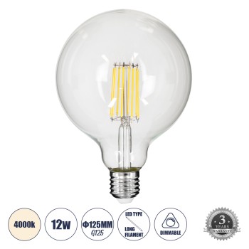 GLOBOSTAR® BUBBLE 99055 Λάμπα E27 G125 LED 12W 1320lm 360° AC 220-240V IP20 Φυσικό Λευκό 4500K Dimmable - Long Filament Chip - Διάφανο - Μ12.5 x Π12.5 x Υ18cm - 3 Χρόνια Εγγύηση GLOBOSTAR® BUBBLE 99055 Λάμπα E27 G125 LED 12W 1320lm 360° AC 220-240V IP20 Φυσικό Λευκό 4500K Dimmable - Long Filament Chip - Διάφανο - Μ12.5 x Π12.5 x Υ18cm - 3 Χρόνια Εγγύηση