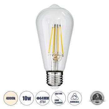 GLOBOSTAR® PEAR 99056 Λάμπα E27 ST64 LED 10W 1100lm 360° AC 220-240V IP20 Φυσικό Λευκό 4500K Dimmable - Long Filament Chip - Διάφανο - Μ6.4 x Π6.4 x Υ14cm - 3 Χρόνια Εγγύηση GLOBOSTAR® PEAR 99056 Λάμπα E27 ST64 LED 10W 1100lm 360° AC 220-240V IP20 Φυσικό Λευκό 4500K Dimmable - Long Filament Chip - Διάφανο - Μ6.4 x Π6.4 x Υ14cm - 3 Χρόνια Εγγύηση