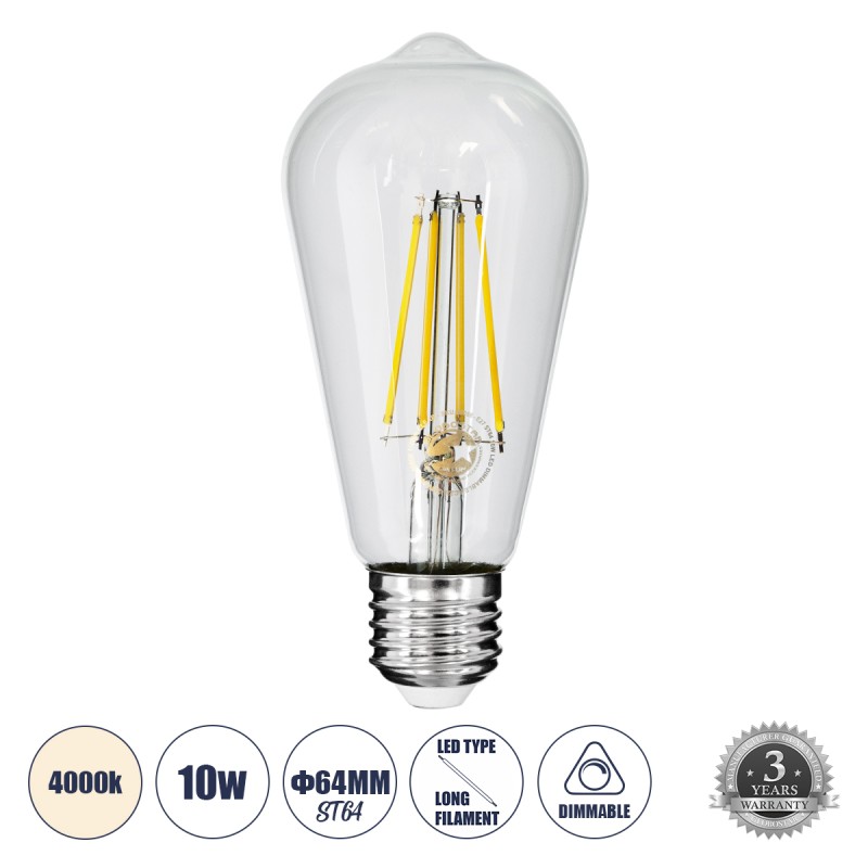 GLOBOSTAR® PEAR 99056 Λάμπα E27 ST64 LED 10W 1100lm 360° AC 220-240V IP20 Φυσικό Λευκό 4500K Dimmable - Long Filament Chip - Διάφανο - Μ6.4 x Π6.4 x Υ14cm - 3 Χρόνια Εγγύηση GLOBOSTAR® PEAR 99056 Λάμπα E27 ST64 LED 10W 1100lm 360° AC 220-240V IP20 Φυσικό Λευκό 4500K Dimmable - Long Filament Chip - Διάφανο - Μ6.4 x Π6.4 x Υ14cm - 3 Χρόνια Εγγύηση