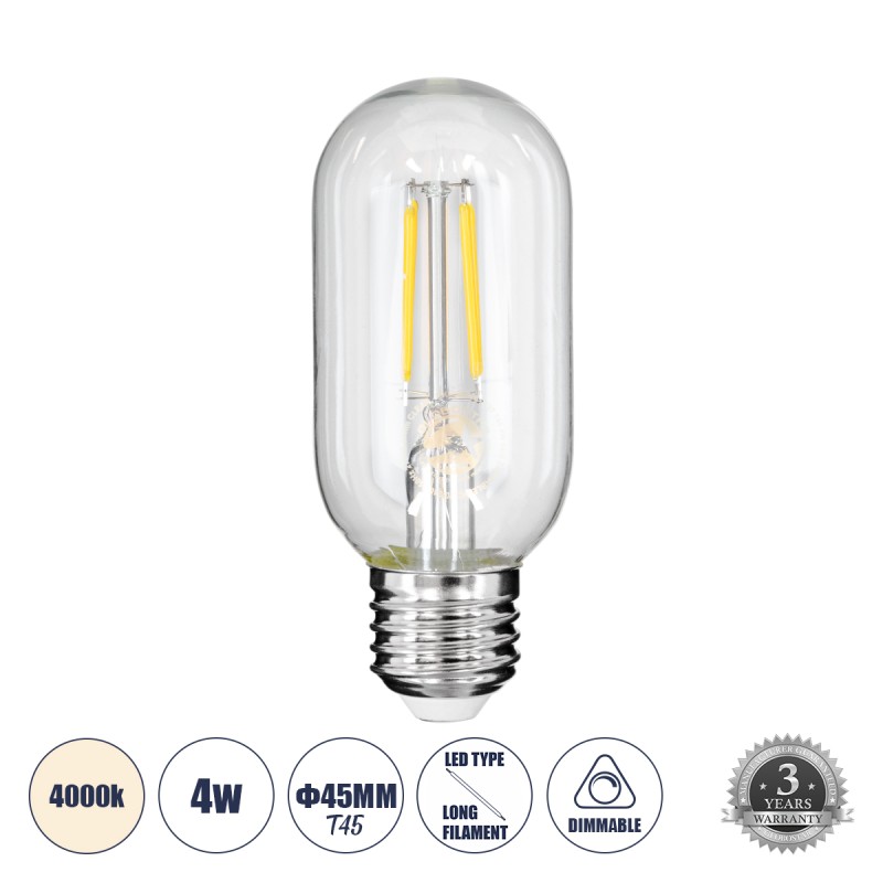 GLOBOSTAR® TUBIS 99057 Λάμπα Σωλήνας E27 T45 LED 4W 440lm 360° AC 220-240V IP20 Φυσικό Λευκό 4500K Dimmable - Long Filament Chip - Διάφανο - Μ4.5 x Π4.5 x Υ11cm - 3 Χρόνια Εγγύηση GLOBOSTAR® TUBIS 99057 Λάμπα Σωλήνας E27 T45 LED 4W 440lm 360° AC 220-240V IP20 Φυσικό Λευκό 4500K Dimmable - Long Filament Chip - Διάφανο - Μ4.5 x Π4.5 x Υ11cm - 3 Χρόνια Εγγύηση