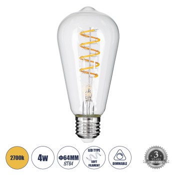 GLOBOSTAR® PEAR 99143 Λάμπα E27 ST64 LED 4W 300lm 360° AC 220-240V IP20 Θερμό Λευκό 2700K Dimmable - Soft S Spiral Filament Chip - Διάφανο - Μ6.4 x Π6.4 x Υ14cm - 3 Χρόνια Εγγύηση GLOBOSTAR® PEAR 99143 Λάμπα E27 ST64 LED 4W 300lm 360° AC 220-240V IP20 Θερμό Λευκό 2700K Dimmable - Soft S Spiral Filament Chip - Διάφανο - Μ6.4 x Π6.4 x Υ14cm - 3 Χρόνια Εγγύηση