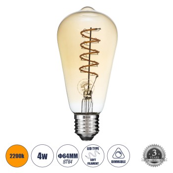 GLOBOSTAR® PEAR 99144 Λάμπα E27 ST64 LED 4W 280lm 360° AC 220-240V IP20 Ultra Θερμό Λευκό 2200K Dimmable - Soft S Spiral Filament Chip - Μελί - Μ6.4 x Π6.4 x Υ14cm - 3 Χρόνια Εγγύηση GLOBOSTAR® PEAR 99144 Λάμπα E27 ST64 LED 4W 280lm 360° AC 220-240V IP20 Ultra Θερμό Λευκό 2200K Dimmable - Soft S Spiral Filament Chip - Μελί - Μ6.4 x Π6.4 x Υ14cm - 3 Χρόνια Εγγύηση