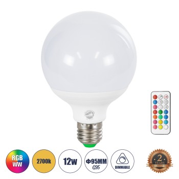 GLOBOSTAR® RGBOO 76071 Λάμπα E27 G95 με IR Ασύρματο Χειριστήριο LED 12W 780lm 260° AC 220-240V IP20 Πολύχρωμο RGB+WW Dimmable - Sanan SMD Chip - Μ9.5 x Π9.5 x Υ14cm - 2 Χρόνια Εγγύηση GLOBOSTAR® RGBOO 76071 Λάμπα E27 G95 με IR Ασύρματο Χειριστήριο LED 12W 780lm 260° AC 220-240V IP20 Πολύχρωμο RGB+WW Dimmable - Sanan SMD Chip - Μ9.5 x Π9.5 x Υ14cm - 2 Χρόνια Εγγύηση