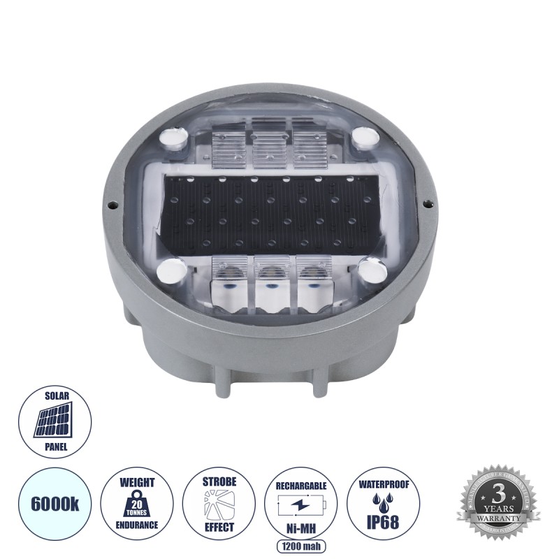 GloboStar® ROADER 60367 Professional LED Strobe Αυτόνομος Ηλιακός Χωνευτός Ανακλαστήρας Οδοστρώματος με Ενσωματωμένο Φωτοβολταϊκό Panel 2.5V 220mA & Επαναφορτιζόμενη Μπαταρία Ni-MH 1.2V 1200mAh - Αδιάβροχο IP68 - Ψυχρό Λευκό 6000K - Max Pass Load 20 Τ GloboStar® ROADER 60367 Professional LED Strobe Αυτόνομος Ηλιακός Χωνευτός Ανακλαστήρας Οδοστρώματος με Ενσωματωμένο Φωτοβολταϊκό Panel 2.5V 220mA & Επαναφορτιζόμενη Μπαταρία Ni-MH 1.2V 1200mAh - Αδιάβροχο IP68 - Ψυχρό Λευκό 6000K - Max Pass Load 20 Τ