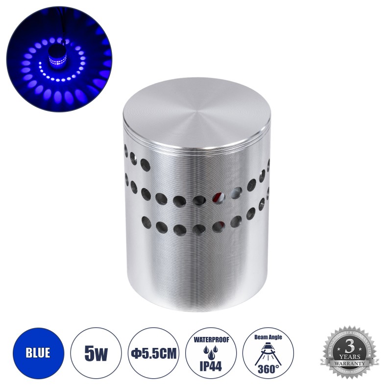 GLOBOSTAR® STAINS 60596 Μοντέρνο Φωτιστικό Τοίχου - Απλίκα LED 5W 300lm 180° AC 220-240V IP44 Μπλε - Bridgelux SMD Chip & TÜV SÜD Driver - Νίκελ Βούρτσας - Μ5.5 x Π5.5 x Υ7cm - 5 Χρόνια Εγγύηση