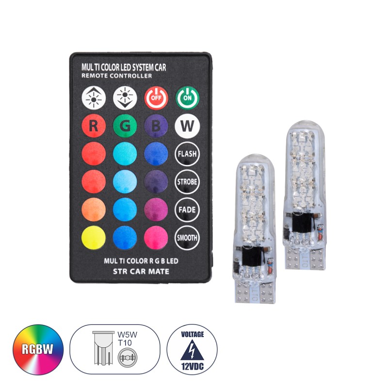 GloboStar® T10 W5W 81062 Λάμπές Αυτοκινήτου LED με Ασύρματο Χειριστήριο IR 6xSMD3535 2.5W 300lm 360° DC 12-16V IP20 Φ1 x Υ3.5cm RGBW - Σετ 2 Τεμαχίων σε Blister GloboStar® T10 W5W 81062 Λάμπές Αυτοκινήτου LED με Ασύρματο Χειριστήριο IR 6xSMD3535 2.5W 300lm 360° DC 12-16V IP20 Φ1 x Υ3.5cm RGBW - Σετ 2 Τεμαχίων σε Blister