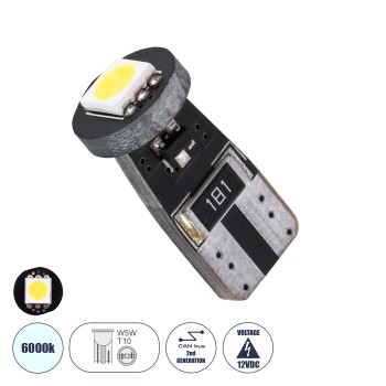 GloboStar® T10 W5W 81080 Λάμπα Αυτοκίνητου LED  2rd Generation Can-Bus Series 1xSMD5050 1.5W 150lm 120° DC 12-16V IP20 Φ1 x H2.2cm Ψυχρό Λευκό 6000K GloboStar® T10 W5W 81080 Λάμπα Αυτοκίνητου LED  2rd Generation Can-Bus Series 1xSMD5050 1.5W 150lm 120° DC 12-16V IP20 Φ1 x H2.2cm Ψυχρό Λευκό 6000K