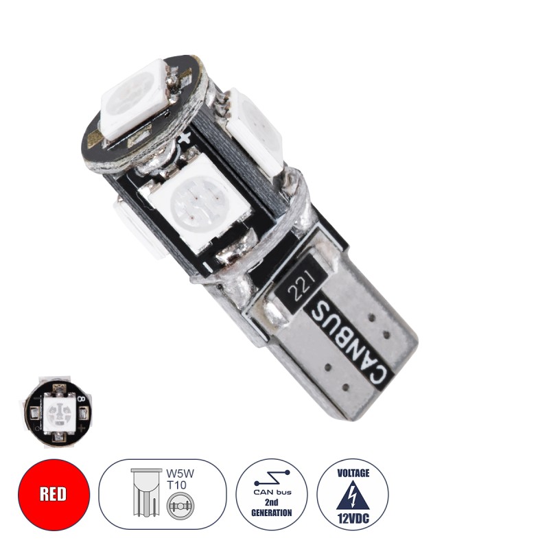 GloboStar® T10 W5W 81091 Λάμπα Αυτοκίνητου LED  2rd Generation Can-Bus Series 5xSMD5050 2.30W 240lm 360° DC 12-16V IP20 Φ1.1 x Υ2.7cm Κόκκινο GloboStar® T10 W5W 81091 Λάμπα Αυτοκίνητου LED  2rd Generation Can-Bus Series 5xSMD5050 2.30W 240lm 360° DC 12-16V IP20 Φ1.1 x Υ2.7cm Κόκκινο