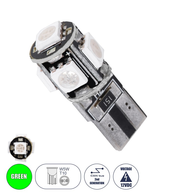 GloboStar® T10 W5W 25001 Λάμπα Αυτοκίνητου LED  2rd Generation Can-Bus Series 5xSMD5050 2.30W 240lm 360° DC 12-16V IP20 Φ1.1 x Υ2.7cm Πράσινο GloboStar® T10 W5W 25001 Λάμπα Αυτοκίνητου LED  2rd Generation Can-Bus Series 5xSMD5050 2.30W 240lm 360° DC 12-16V IP20 Φ1.1 x Υ2.7cm Πράσινο
