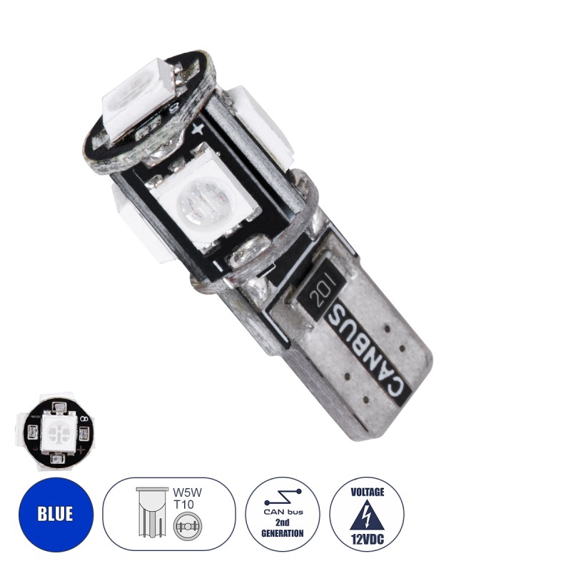 GloboStar® T10 W5W 25000 Λάμπα Αυτοκίνητου LED  2rd Generation Can-Bus Series 5xSMD5050 2.30W 240lm 360° DC 12-16V IP20 Φ1.1 x Υ2.7cm Μπλε GloboStar® T10 W5W 25000 Λάμπα Αυτοκίνητου LED  2rd Generation Can-Bus Series 5xSMD5050 2.30W 240lm 360° DC 12-16V IP20 Φ1.1 x Υ2.7cm Μπλε