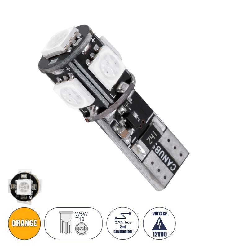 GloboStar® T10 W5W 08050 Λάμπα Αυτοκίνητου LED  2rd Generation Can-Bus Series 5xSMD5050 2.30W 240lm 360° DC 12-16V IP20 Φ1.1 x Υ2.7cm Πορτοκαλί GloboStar® T10 W5W 08050 Λάμπα Αυτοκίνητου LED  2rd Generation Can-Bus Series 5xSMD5050 2.30W 240lm 360° DC 12-16V IP20 Φ1.1 x Υ2.7cm Πορτοκαλί