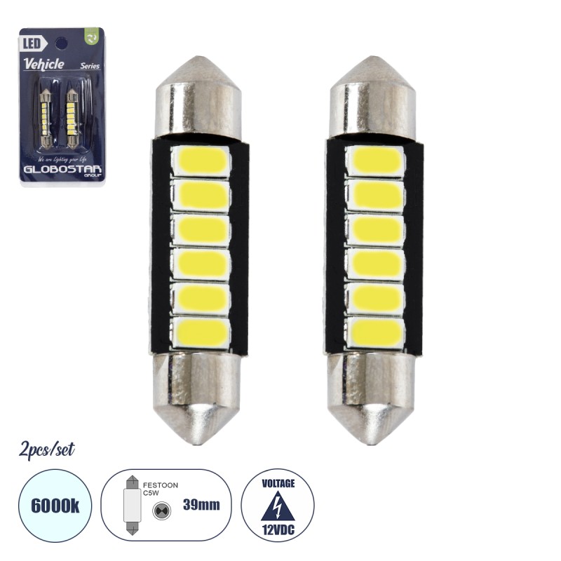 GloboStar® C5W 81303-B Λάμπες Αυτοκινήτου LED 39mm FESTOON - 6xSMD5630 3W 450lm 120° DC 12-16V IP20 Μ3.9 x Π0.9 x Υ0.9cm Ψυχρό Λευκό 6000K - Σετ 2 Τεμαχίων σε Blister GloboStar® C5W 81303-B Λάμπες Αυτοκινήτου LED 39mm FESTOON - 6xSMD5630 3W 450lm 120° DC 12-16V IP20 Μ3.9 x Π0.9 x Υ0.9cm Ψυχρό Λευκό 6000K - Σετ 2 Τεμαχίων σε Blister
