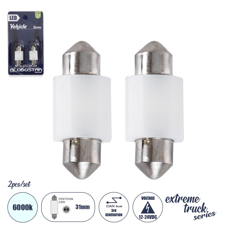 GLOBOSTAR® C5W 81332-B Σωληνωτή Λάμπα C5W 31mm CANbus LED 1.9W/3.8W 100lm/200lm 120° DC 12-24V IP20 Ψυχρό Λευκό 6000K - 2 x Epistar SMD3030 Chip - Μ3.1 x Π1.2 x Υ1cm - Πακέτο Blister 2 Τεμαχίων - 1 Χρόνο Εγγύηση