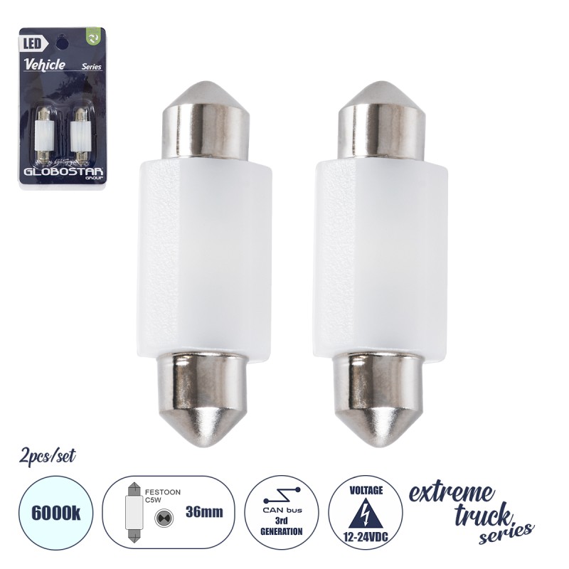 GLOBOSTAR® C5W 81333-B Σωληνωτή Λάμπα C5W 36mm CANbus LED 1.9W/3.8W 285lm/570lm 120° DC 12-24V IP20 Ψυχρό Λευκό 6000K - 2 x Epistar SMD3030 Chip - Μ3.6 x Π1.2 x Υ1cm - Πακέτο Blister 2 Τεμαχίων - 1 Χρόνο Εγγύηση