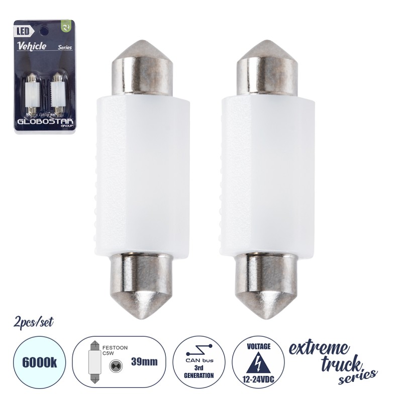 GLOBOSTAR® C5W 81334-B Σωληνωτή Λάμπα C5W 39mm CANbus LED 1.9W/3.8W 285lm/570lm 120° DC 12-24V IP20 Ψυχρό Λευκό 6000K - 2 x Epistar SMD3030 Chip - Μ3.9 x Π1.2 x Υ1cm - Πακέτο Blister 2 Τεμαχίων - 1 Χρόνο Εγγύηση