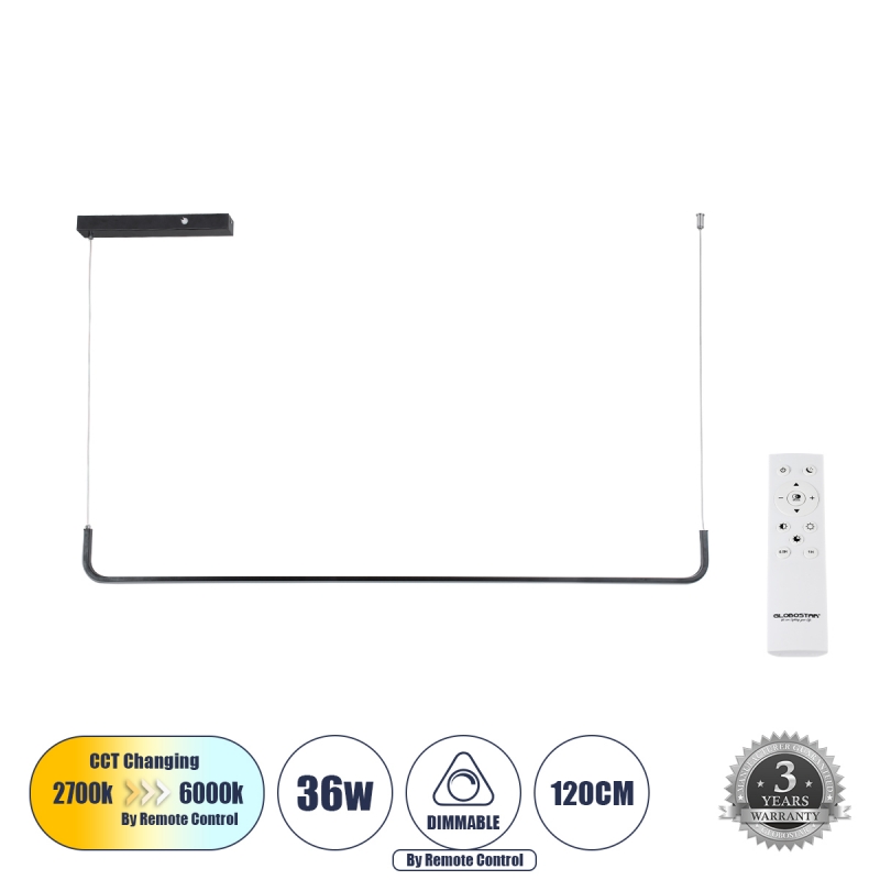GLOBOSTAR® LINARIA 60921 Μοντέρνο Κρεμαστό Φωτιστικό Οροφής LED 36W 4150lm 200° AC 220-240V IP20 Ρυθμιζόμενο Λευκό CCT με Χειριστήριο από 2700K έως 6000K Dimmable - Lumileds SMD Chip - Μαύρο Ματ - Μ120 x Π2 x Υ10cm - 3 Χρόνια Εγγύηση GLOBOSTAR® LINARIA 60921 Μοντέρνο Κρεμαστό Φωτιστικό Οροφής LED 36W 4150lm 200° AC 220-240V IP20 Ρυθμιζόμενο Λευκό CCT με Χειριστήριο από 2700K έως 6000K Dimmable - Lumileds SMD Chip - Μαύρο Ματ - Μ120 x Π2 x Υ10cm - 3 Χρόνια Εγγύηση