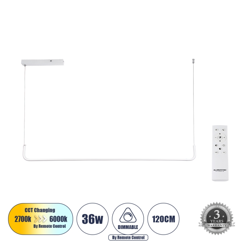 GLOBOSTAR® LINARIA 60922 Μοντέρνο Κρεμαστό Φωτιστικό Οροφής LED 36W 4150lm 200° AC 220-240V IP20 Ρυθμιζόμενο Λευκό CCT με Χειριστήριο από 2700K έως 6000K Dimmable - Lumileds SMD Chip - Λευκό Ματ - Μ120 x Π2 x Υ10cm - 3 Χρόνια Εγγύηση