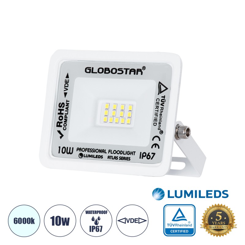 GLOBOSTAR® ATLAS 61404 Προβολέας LED 10W 1250lm 120° AC 220-240V Αδιάβροχο IP67 Ψυχρό Λευκό 6000K - Lumileds SMD Chip - TÜV Rheinland Certified - Λευκό Ματ - Μ10 x Π2 x Υ8cm - 5 Χρόνια Εγγύηση GLOBOSTAR® ATLAS 61404 Προβολέας LED 10W 1250lm 120° AC 220-240V Αδιάβροχο IP67 Ψυχρό Λευκό 6000K - Lumileds SMD Chip - TÜV Rheinland Certified - Λευκό Ματ - Μ10 x Π2 x Υ8cm - 5 Χρόνια Εγγύηση