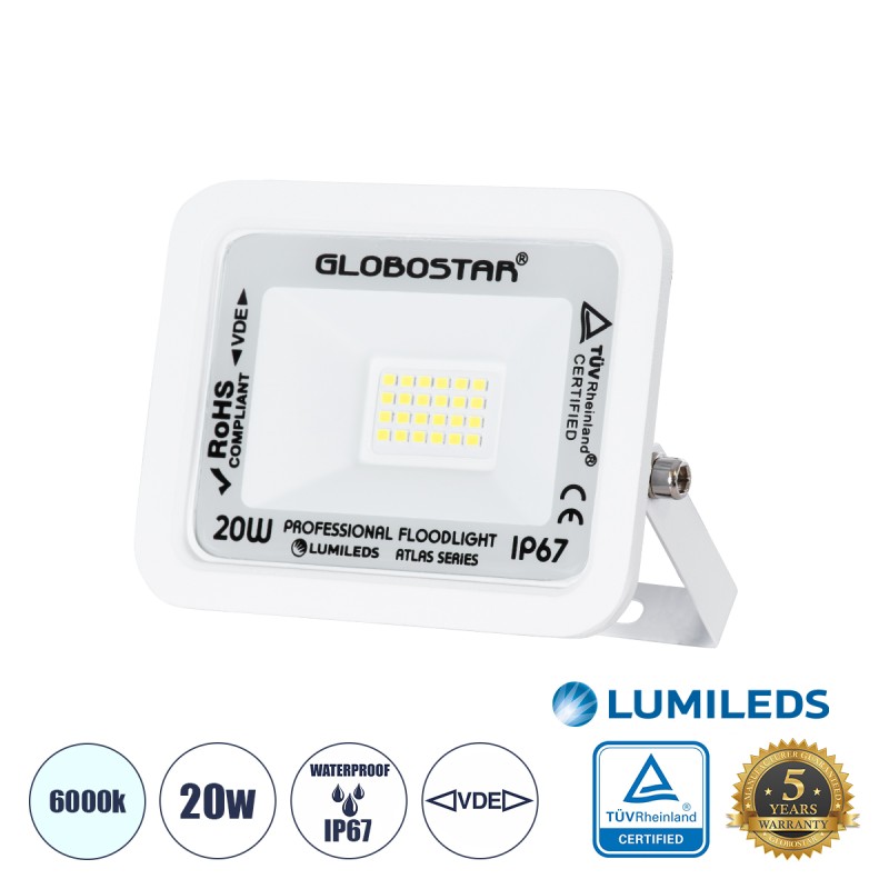 GLOBOSTAR® ATLAS 61407 Προβολέας LED 20W 2500lm 120° AC 220-240V Αδιάβροχο IP67 Ψυχρό Λευκό 6000K - Lumileds SMD Chip - TÜV Rheinland Certified - Λευκό Ματ - Μ12 x Π2.5 x Υ9.5cm - 5 Χρόνια Εγγύηση GLOBOSTAR® ATLAS 61407 Προβολέας LED 20W 2500lm 120° AC 220-240V Αδιάβροχο IP67 Ψυχρό Λευκό 6000K - Lumileds SMD Chip - TÜV Rheinland Certified - Λευκό Ματ - Μ12 x Π2.5 x Υ9.5cm - 5 Χρόνια Εγγύηση