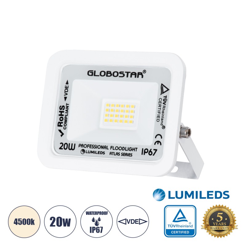 GLOBOSTAR® ATLAS 61408 Προβολέας LED 20W 2400lm 120° AC 220-240V Αδιάβροχο IP67 Φυσικό Λευκό 4500K - Lumileds SMD Chip - TÜV Rheinland Certified - Λευκό Ματ - Μ12 x Π2.5 x Υ9.5cm - 5 Χρόνια Εγγύηση GLOBOSTAR® ATLAS 61408 Προβολέας LED 20W 2400lm 120° AC 220-240V Αδιάβροχο IP67 Φυσικό Λευκό 4500K - Lumileds SMD Chip - TÜV Rheinland Certified - Λευκό Ματ - Μ12 x Π2.5 x Υ9.5cm - 5 Χρόνια Εγγύηση