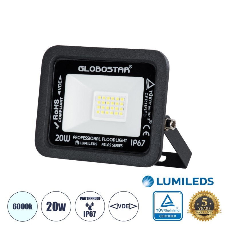 GLOBOSTAR® ATLAS 61410 Προβολέας LED 20W 2500lm 120° AC 220-240V Αδιάβροχο IP67 Ψυχρό Λευκό 6000K - Lumileds SMD Chip - TÜV Rheinland Certified - Μαύρο Ματ - Μ12 x Π2.5 x Υ9.5cm - 5 Χρόνια Εγγύηση GLOBOSTAR® ATLAS 61410 Προβολέας LED 20W 2500lm 120° AC 220-240V Αδιάβροχο IP67 Ψυχρό Λευκό 6000K - Lumileds SMD Chip - TÜV Rheinland Certified - Μαύρο Ματ - Μ12 x Π2.5 x Υ9.5cm - 5 Χρόνια Εγγύηση