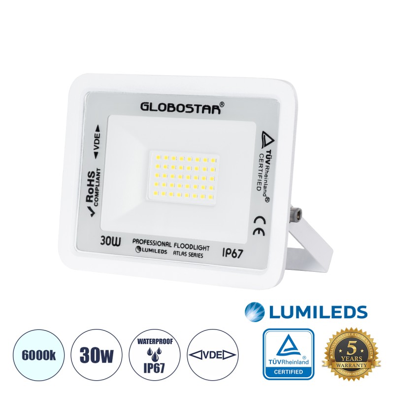GLOBOSTAR® ATLAS 61413 Προβολέας LED 30W 3750lm 120° AC 220-240V Αδιάβροχο IP67 Ψυχρό Λευκό 6000K - Lumileds SMD Chip - TÜV Rheinland Certified - Λευκό Ματ - Μ16 x Π2.5 x Υ12.5cm - 5 Χρόνια Εγγύηση GLOBOSTAR® ATLAS 61413 Προβολέας LED 30W 3750lm 120° AC 220-240V Αδιάβροχο IP67 Ψυχρό Λευκό 6000K - Lumileds SMD Chip - TÜV Rheinland Certified - Λευκό Ματ - Μ16 x Π2.5 x Υ12.5cm - 5 Χρόνια Εγγύηση