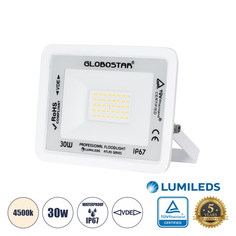 GLOBOSTAR® ATLAS 61414 Προβολέας LED 30W 3600lm 120° AC 220-240V Αδιάβροχο IP67 Φυσικό Λευκό 4500K - Lumileds SMD Chip - TÜV Rheinland Certified - Λευκό Ματ - Μ16 x Π2.5 x Υ12.5cm - 5 Χρόνια Εγγύηση GLOBOSTAR® ATLAS 61414 Προβολέας LED 30W 3600lm 120° AC 220-240V Αδιάβροχο IP67 Φυσικό Λευκό 4500K - Lumileds SMD Chip - TÜV Rheinland Certified - Λευκό Ματ - Μ16 x Π2.5 x Υ12.5cm - 5 Χρόνια Εγγύηση