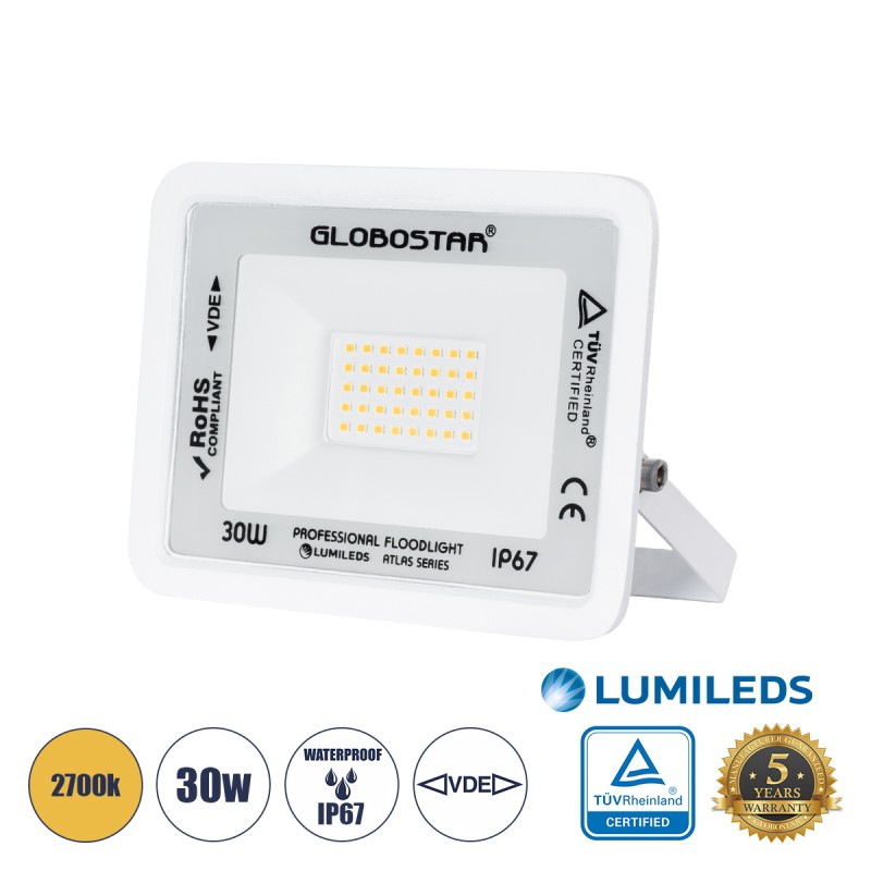 GLOBOSTAR® ATLAS 61415 Προβολέας LED 30W 3450lm 120° AC 220-240V Αδιάβροχο IP67 Θερμό Λευκό 2700K - Lumileds SMD Chip - TÜV Rheinland Certified - Λευκό Ματ - Μ16 x Π2.5 x Υ12.5cm - 5 Χρόνια Εγγύηση GLOBOSTAR® ATLAS 61415 Προβολέας LED 30W 3450lm 120° AC 220-240V Αδιάβροχο IP67 Θερμό Λευκό 2700K - Lumileds SMD Chip - TÜV Rheinland Certified - Λευκό Ματ - Μ16 x Π2.5 x Υ12.5cm - 5 Χρόνια Εγγύηση