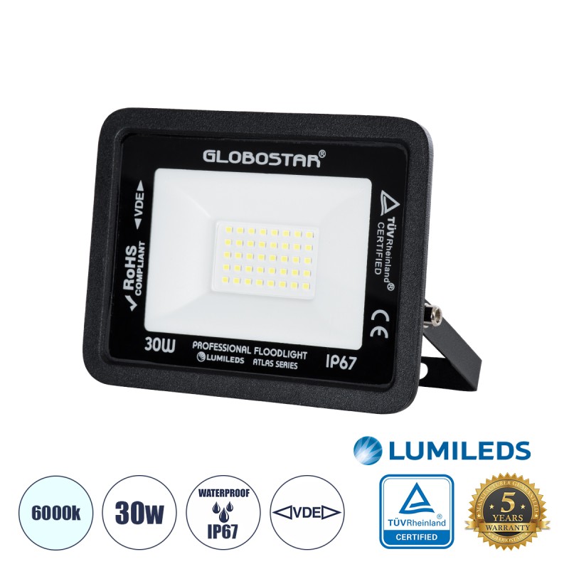 GLOBOSTAR® ATLAS 61416 Προβολέας LED 30W 3750lm 120° AC 220-240V Αδιάβροχο IP67 Ψυχρό Λευκό 6000K - Lumileds SMD Chip - TÜV Rheinland Certified - Μαύρο Ματ - Μ16 x Π2.5 x Υ12.5cm - 5 Χρόνια Εγγύηση GLOBOSTAR® ATLAS 61416 Προβολέας LED 30W 3750lm 120° AC 220-240V Αδιάβροχο IP67 Ψυχρό Λευκό 6000K - Lumileds SMD Chip - TÜV Rheinland Certified - Μαύρο Ματ - Μ16 x Π2.5 x Υ12.5cm - 5 Χρόνια Εγγύηση