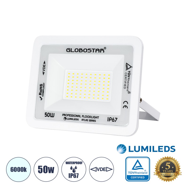 GLOBOSTAR® ATLAS 61419 Προβολέας LED 50W 6250lm 120° AC 220-240V Αδιάβροχο IP67 Ψυχρό Λευκό 6000K - Lumileds SMD Chip - TÜV Rheinland Certified - Λευκό Ματ - Μ21 x Π3.5 x Υ16cm - 5 Χρόνια Εγγύηση GLOBOSTAR® ATLAS 61419 Προβολέας LED 50W 6250lm 120° AC 220-240V Αδιάβροχο IP67 Ψυχρό Λευκό 6000K - Lumileds SMD Chip - TÜV Rheinland Certified - Λευκό Ματ - Μ21 x Π3.5 x Υ16cm - 5 Χρόνια Εγγύηση