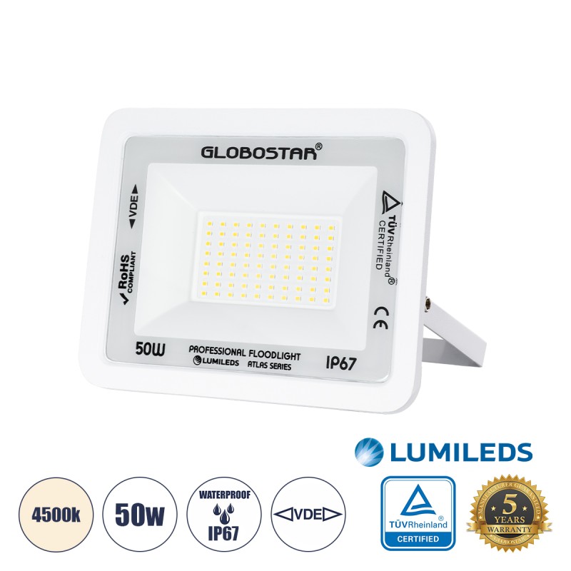 GLOBOSTAR® ATLAS 61420 Προβολέας LED 50W 6000lm 120° AC 220-240V Αδιάβροχο IP67 Φυσικό Λευκό 4500K - Lumileds SMD Chip - TÜV Rheinland Certified - Λευκό Ματ - Μ21 x Π3.5 x Υ16cm - 5 Χρόνια Εγγύηση GLOBOSTAR® ATLAS 61420 Προβολέας LED 50W 6000lm 120° AC 220-240V Αδιάβροχο IP67 Φυσικό Λευκό 4500K - Lumileds SMD Chip - TÜV Rheinland Certified - Λευκό Ματ - Μ21 x Π3.5 x Υ16cm - 5 Χρόνια Εγγύηση