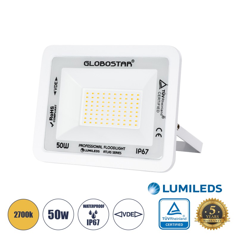 GLOBOSTAR® ATLAS 61421 Προβολέας LED 50W 5750lm 120° AC 220-240V Αδιάβροχο IP67 Θερμό Λευκό 2700K - Lumileds SMD Chip - TÜV Rheinland Certified - Λευκό Ματ - Μ21 x Π3.5 x Υ16cm - 5 Χρόνια Εγγύηση GLOBOSTAR® ATLAS 61421 Προβολέας LED 50W 5750lm 120° AC 220-240V Αδιάβροχο IP67 Θερμό Λευκό 2700K - Lumileds SMD Chip - TÜV Rheinland Certified - Λευκό Ματ - Μ21 x Π3.5 x Υ16cm - 5 Χρόνια Εγγύηση