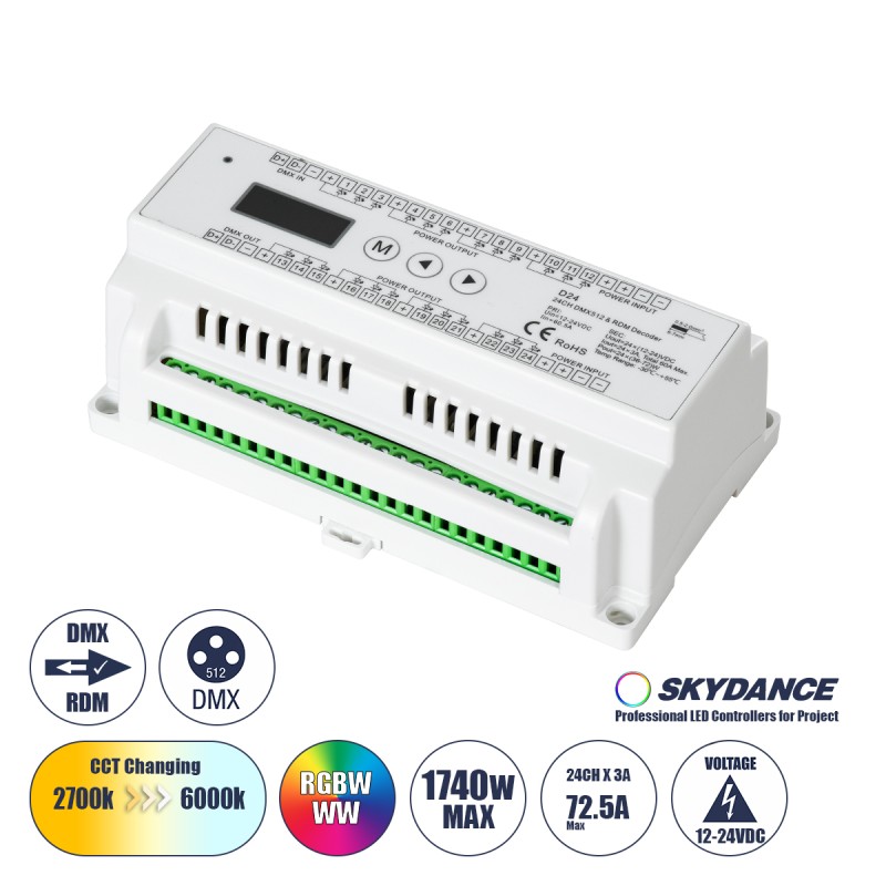 GloboStar® 71450 D24 SKYDANCE DC DMX & RDM Dimmer Din Rail Ράγας High Speed Controller / Decoder 24 Καναλιών DC 12-24V 24 x 3A 72W - Max 72.5A 1740W - IP20 Μ16 x Π9 x Υ6cm - 5 Years Warranty GloboStar® 71450 D24 SKYDANCE DC DMX & RDM Dimmer Din Rail Ράγας High Speed Controller / Decoder 24 Καναλιών DC 12-24V 24 x 3A 72W - Max 72.5A 1740W - IP20 Μ16 x Π9 x Υ6cm - 5 Years Warranty