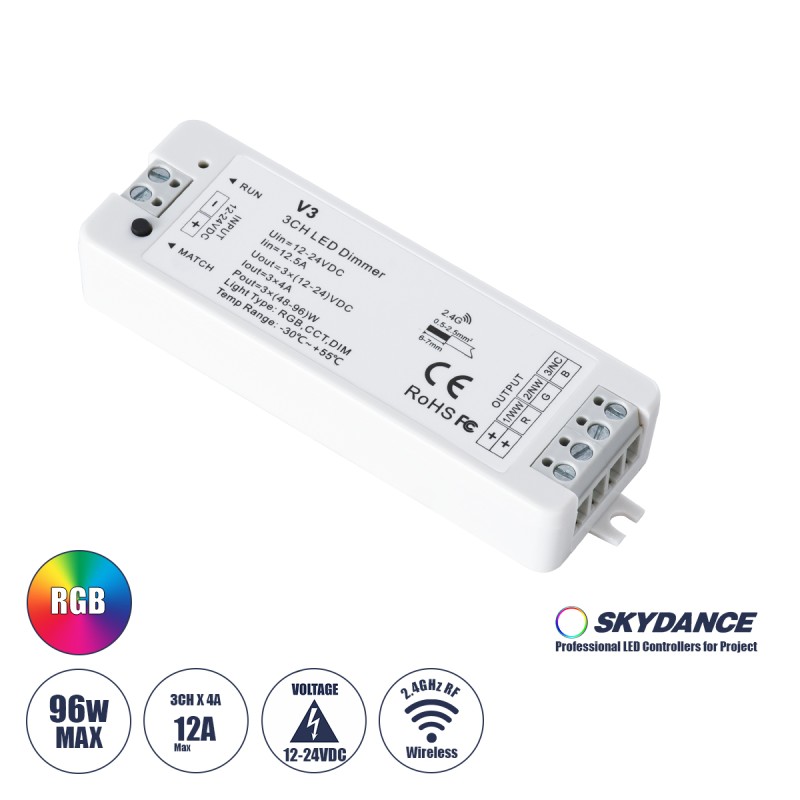 GloboStar® 71546 V3 SKYDANCE DC RF 2.4Ghz Dimmer High Speed Controller 3 Καναλιών DC 12-24V 3 x 5A 96W - Max 12A 288W - IP20 Μ10 x Π3.5 x Υ2cm - 5 Years Warranty GloboStar® 71546 V3 SKYDANCE DC RF 2.4Ghz Dimmer High Speed Controller 3 Καναλιών DC 12-24V 3 x 5A 96W - Max 12A 288W - IP20 Μ10 x Π3.5 x Υ2cm - 5 Years Warranty