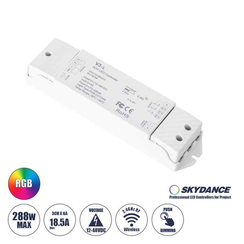 GloboStar® 71547 V3-L SKYDANCE DC RF 2.4Ghz Dimmer High Speed Controller & Push Dimming 3 Κανάλια DC 12-48V 3 x 6A 288W - Max 18.5A 288W - IP20 Μ17.5 x Π4.5 x Υ2.5cm - 5 Years Warranty GloboStar® 71547 V3-L SKYDANCE DC RF 2.4Ghz Dimmer High Speed Controller & Push Dimming 3 Κανάλια DC 12-48V 3 x 6A 288W - Max 18.5A 288W - IP20 Μ17.5 x Π4.5 x Υ2.5cm - 5 Years Warranty