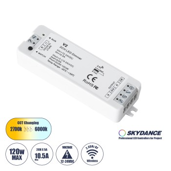 GloboStar® 71564 V2 SKYDANCE DC RF 2.4Ghz Dimmer High Speed Controller 2 Καναλιών DC 12-24V 2 x 5A 120W - Max 10.5A 252W - IP20 Μ10 x Π3.5 x Υ2cm - 5 Years Warranty GloboStar® 71564 V2 SKYDANCE DC RF 2.4Ghz Dimmer High Speed Controller 2 Καναλιών DC 12-24V 2 x 5A 120W - Max 10.5A 252W - IP20 Μ10 x Π3.5 x Υ2cm - 5 Years Warranty