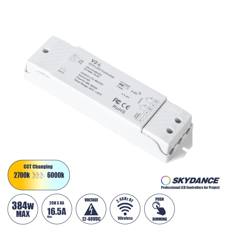 GloboStar® 71565 V2-L SKYDANCE DC RF 2.4Ghz Dimmer High Speed Controller & Push Dimming 2 Κανάλια DC 12-48V 2 x 8A 384W - Max 16.5A 384W - IP20 Μ17.5 x Π4.5 x Υ2.5cm - 5 Years Warranty GloboStar® 71565 V2-L SKYDANCE DC RF 2.4Ghz Dimmer High Speed Controller & Push Dimming 2 Κανάλια DC 12-48V 2 x 8A 384W - Max 16.5A 384W - IP20 Μ17.5 x Π4.5 x Υ2.5cm - 5 Years Warranty