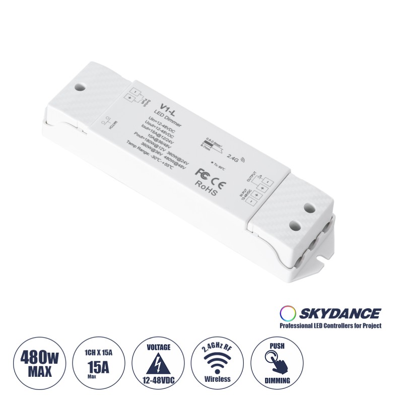 GLOBOSTAR® SKYDANCE-V1-L 71568 DC RF 2.4Ghz & Push Dimmer / Controller με 1 x 15A 480W Κανάλι DC 12-48V 15A 480W Max IP20 - RF 2.4Ghz & Push Dimming - Μ17.5 x Π4.5 x Υ2.5cm - 5 Χρόνια Εγγύηση GLOBOSTAR® SKYDANCE-V1-L 71568 DC RF 2.4Ghz & Push Dimmer / Controller με 1 x 15A 480W Κανάλι DC 12-48V 15A 480W Max IP20 - RF 2.4Ghz & Push Dimming - Μ17.5 x Π4.5 x Υ2.5cm - 5 Χρόνια Εγγύηση