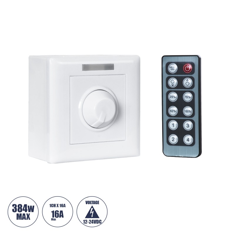 GloboStar® 73317 Επιτοίχιο Dimmer με Ασύρματο Χειριστήριο RF DC 12-24V για Μονόχρωμα Προϊόντα LED 16A Max 384W Μ9 x Π9 x Υ4.5cm - 2 Χρόνια Εγγύηση GloboStar® 73317 Επιτοίχιο Dimmer με Ασύρματο Χειριστήριο RF DC 12-24V για Μονόχρωμα Προϊόντα LED 16A Max 384W Μ9 x Π9 x Υ4.5cm - 2 Χρόνια Εγγύηση
