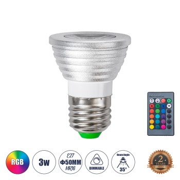 GloboStar® 76066 Σποτ LED E27 MR16 3W 200lm 90° AC 220-240V IP20 Φ5 x Υ8.5cm - Εναλλαγή Φωτισμού μέσω Τηλεχειριστηρίου RGB - Dimmable - 2 Χρόνια Εγγύηση GloboStar® 76066 Σποτ LED E27 MR16 3W 200lm 90° AC 220-240V IP20 Φ5 x Υ8.5cm - Εναλλαγή Φωτισμού μέσω Τηλεχειριστηρίου RGB - Dimmable - 2 Χρόνια Εγγύηση
