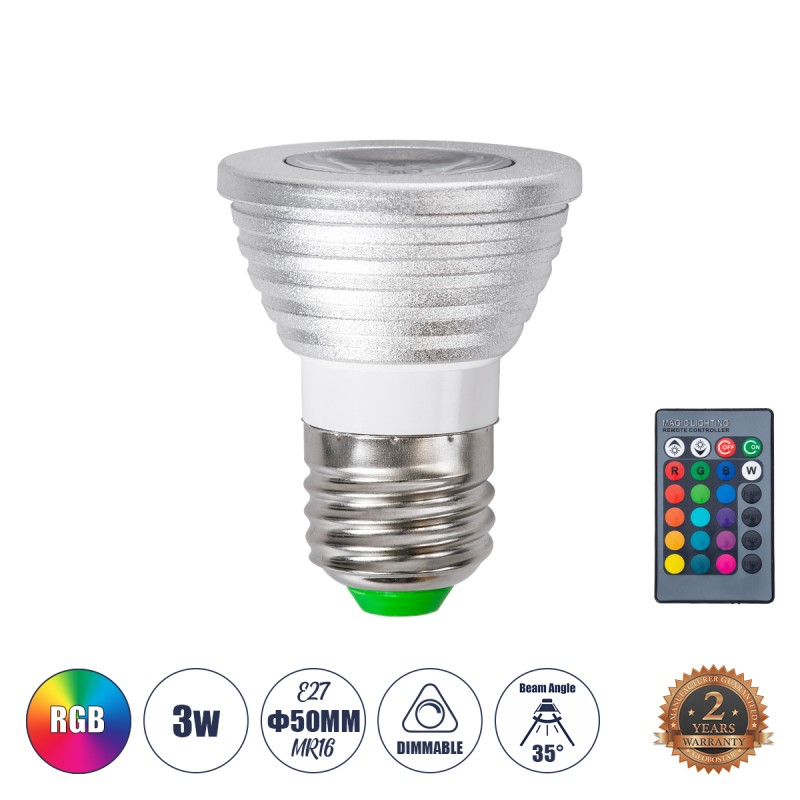 GloboStar® 76066 Σποτ LED E27 MR16 3W 200lm 90° AC 220-240V IP20 Φ5 x Υ8.5cm - Εναλλαγή Φωτισμού μέσω Τηλεχειριστηρίου RGB - Dimmable - 2 Χρόνια Εγγύηση GloboStar® 76066 Σποτ LED E27 MR16 3W 200lm 90° AC 220-240V IP20 Φ5 x Υ8.5cm - Εναλλαγή Φωτισμού μέσω Τηλεχειριστηρίου RGB - Dimmable - 2 Χρόνια Εγγύηση