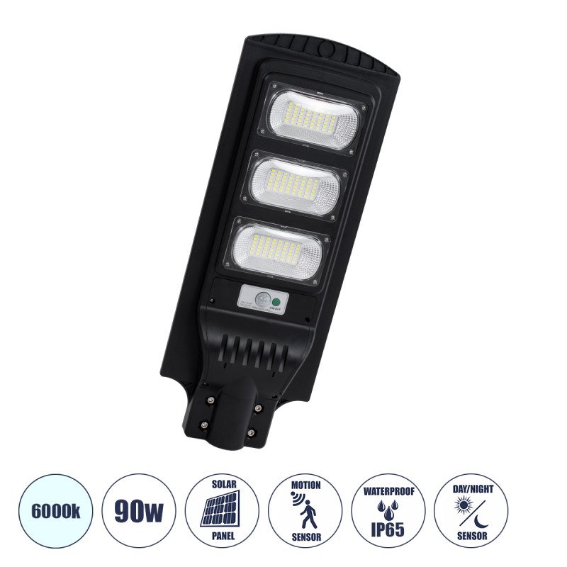 GLOBOSTAR® STREETB 85343 Φωτιστικό Δρόμου LED 90W 4500lm 120° DC 5V με Ενσωματωμένο Φωτοβολταϊκό Panel 6V 12W & Επαναφορτιζόμενη Μπαταρία Li-ion 3.2V 12000mAh με Αισθητήρα Κίνησης-Ημέρας-Νύχτας Αδιάβροχο IP65 Ψυχρό Λευκό 6000K - Μαύρο - Μ24 x Π63 x Υ6 GLOBOSTAR® STREETB 85343 Φωτιστικό Δρόμου LED 90W 4500lm 120° DC 5V με Ενσωματωμένο Φωτοβολταϊκό Panel 6V 12W & Επαναφορτιζόμενη Μπαταρία Li-ion 3.2V 12000mAh με Αισθητήρα Κίνησης-Ημέρας-Νύχτας Αδιάβροχο IP65 Ψυχρό Λευκό 6000K - Μαύρο - Μ24 x Π63 x Υ6