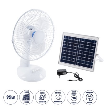 GloboStar® SOLARI-FAN 85354 Solar Fan Αυτόνομος Ηλιακός Επιτραπέζιος Ανεμιστήρας 25W 2 Λειτουργιών Ρεύματος με AC 220-240V ή με Φωτοβολταϊκό Panel 9V 12W & Επαναφορτιζόμενη Μπαταρία Li-ion 7.4V 4400mAh - 3 Ταχύτητες - IP20 - Μ24 x Π36 x Υ49cm - Λευκό  GloboStar® SOLARI-FAN 85354 Solar Fan Αυτόνομος Ηλιακός Επιτραπέζιος Ανεμιστήρας 25W 2 Λειτουργιών Ρεύματος με AC 220-240V ή με Φωτοβολταϊκό Panel 9V 12W & Επαναφορτιζόμενη Μπαταρία Li-ion 7.4V 4400mAh - 3 Ταχύτητες - IP20 - Μ24 x Π36 x Υ49cm - Λευκό